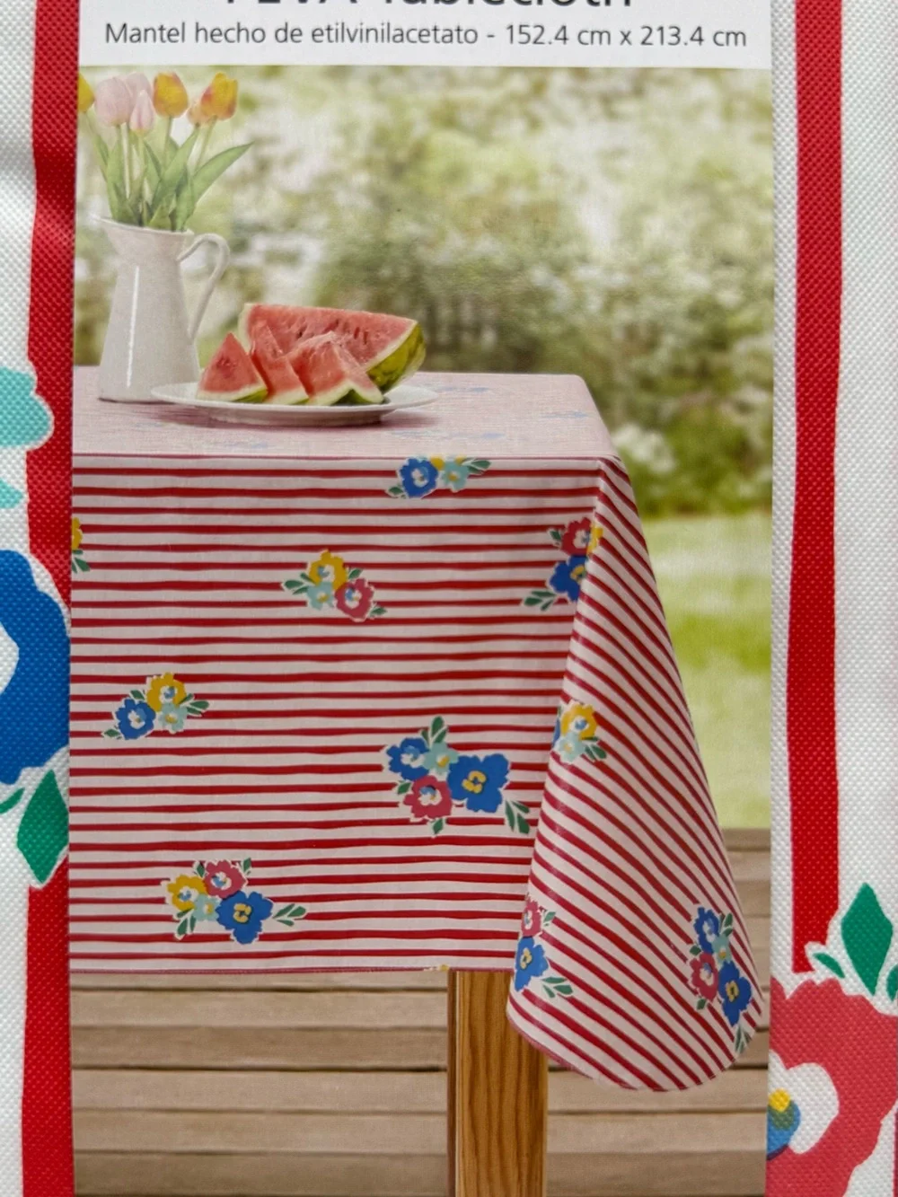 Mainstays Red and White Striped Floral PEVA Tablecloth
